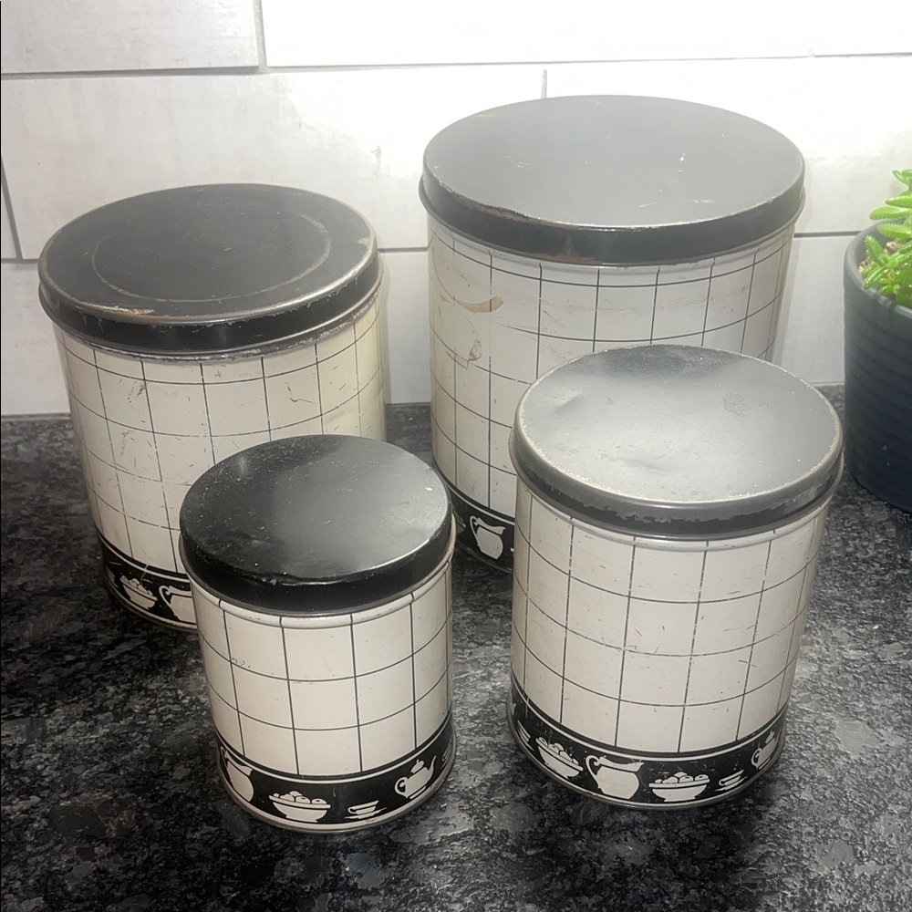 Black and White Tin Kitchen Canister Set of 4.  Farmhouse.
